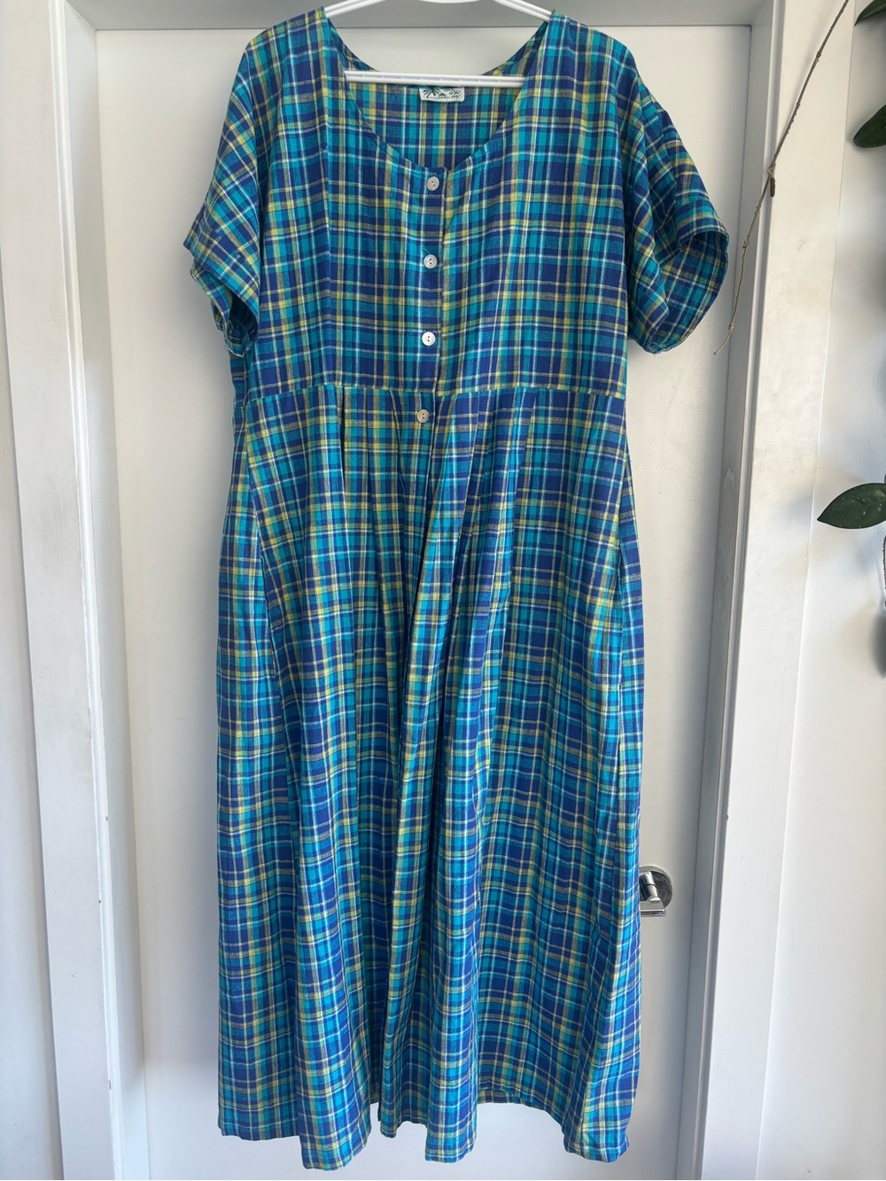 Blue Plaid Button-Front Maxi Dress